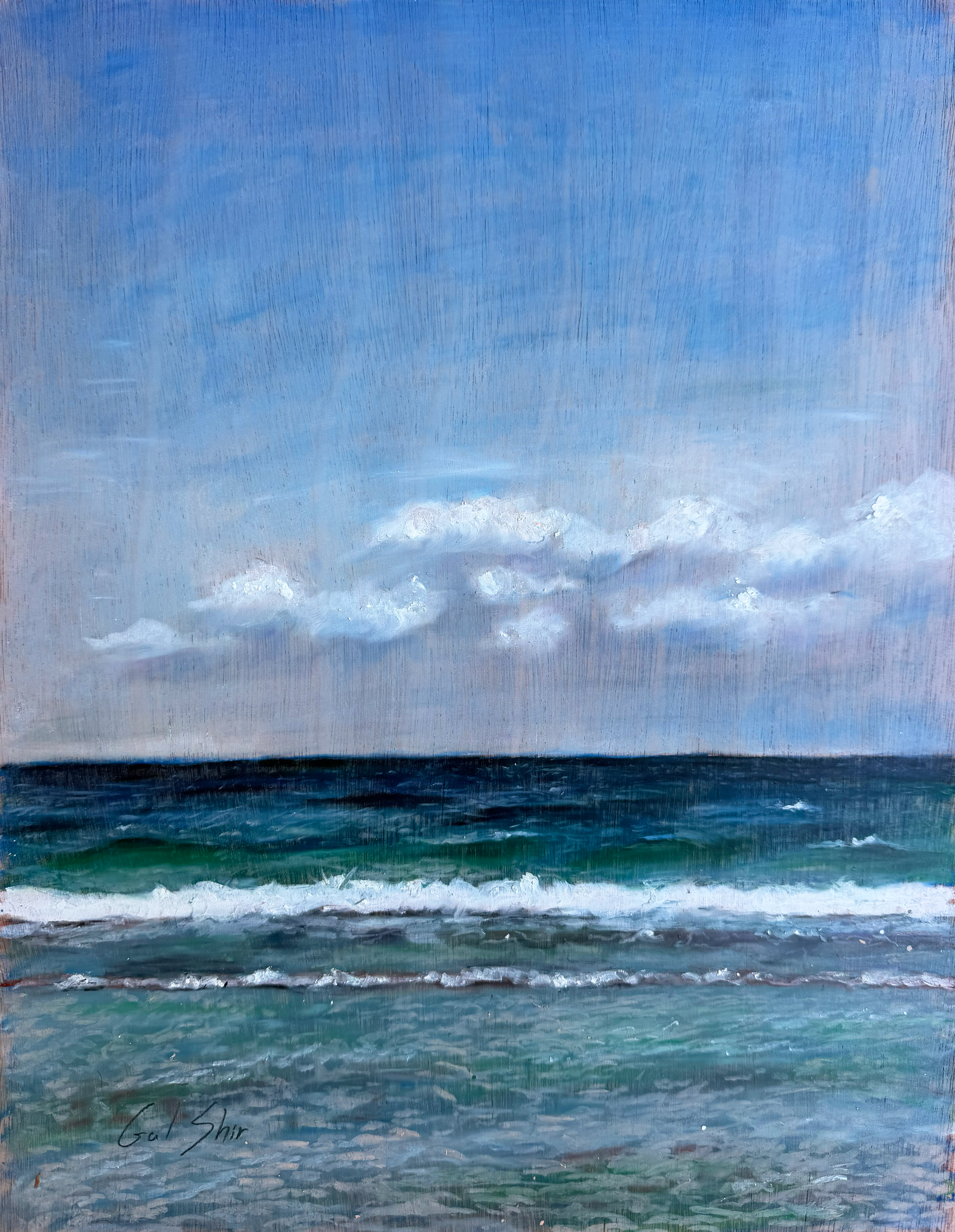 Oil pastel painting of the Mediterranean Sea under a blue sky